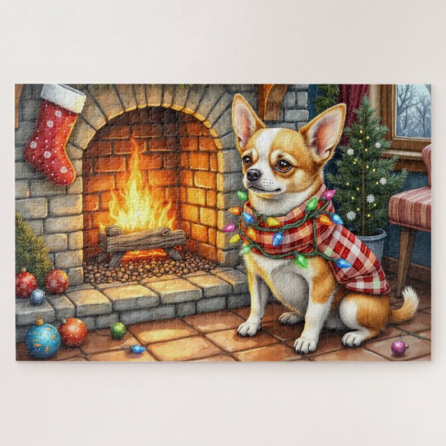 Quebra-cabeça Chihuahua Sitting Fireplace with Christmas Lights (Horizontal)