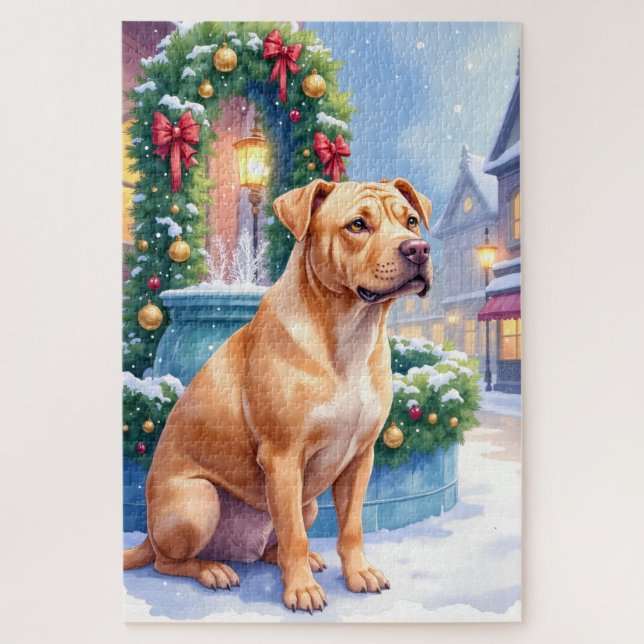 Quebra-cabeça Chinese Shar-Pei Snowy Town Fountain Christmas Art (Vertical)