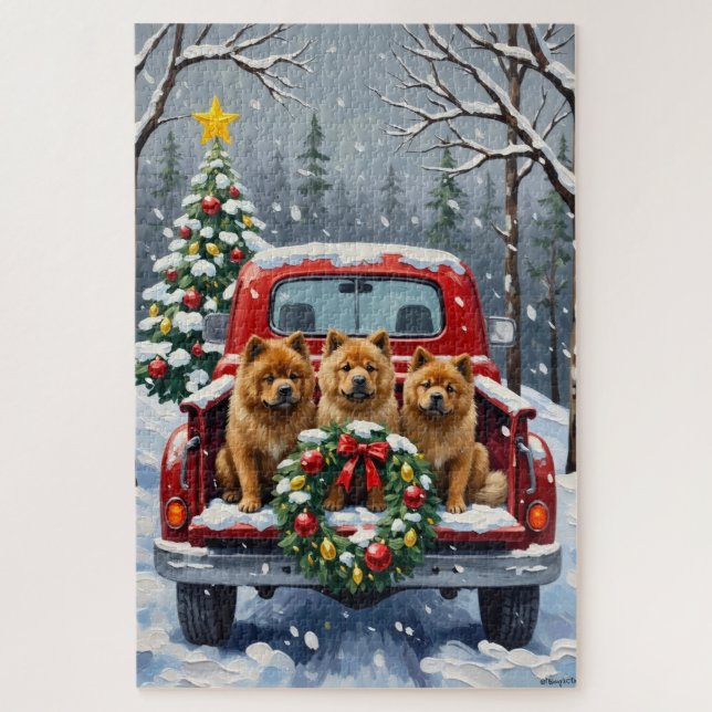 Quebra-cabeça Chow Chow Christmas Red Truck Holiday (Vertical)
