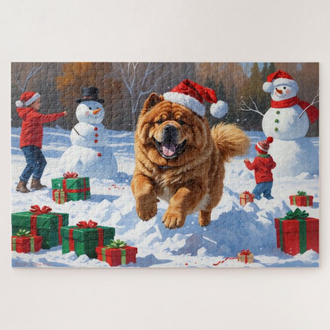 Quebra-cabeça Chow Chow Correndo na Neve com Chapéu de Natal (Horizontal)