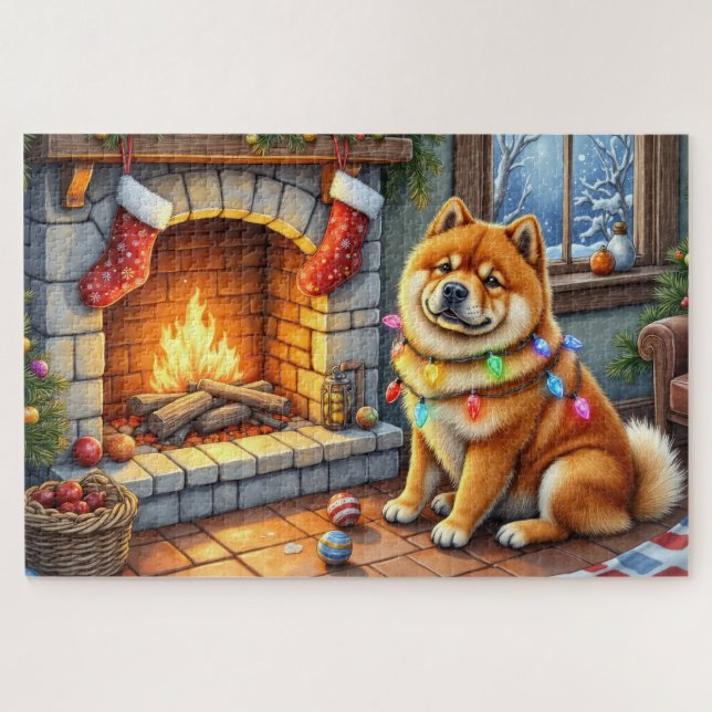 Quebra-cabeça Chow Chow Sentado ao Lareira com Luzes de Natal (Horizontal)