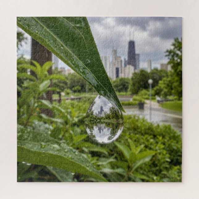 Quebra-cabeça Cidade de Chicago Refletida numa Gota de Chuva (Vertical)