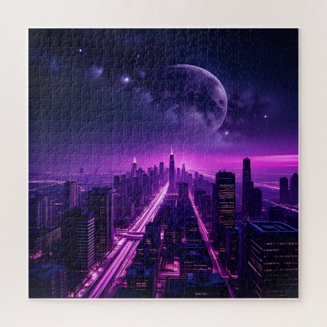 Quebra-cabeça Cidade futurística de Cyberpunk à noite - Roxo Neo (Vertical)