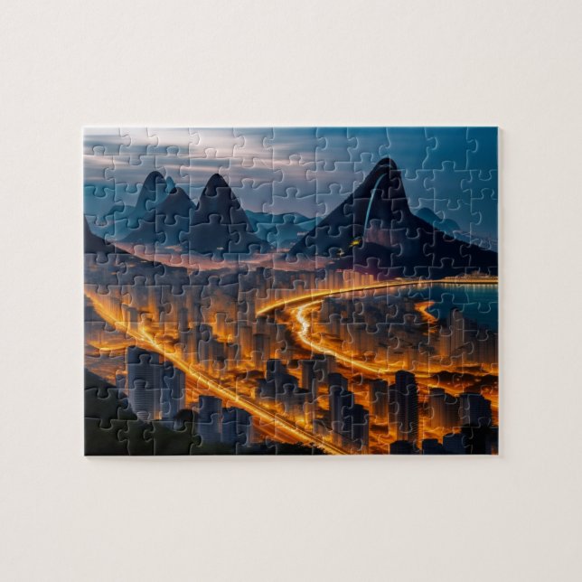 Quebra-cabeça Cidade Tropical Skyline Night Beach e Mounets (Horizontal)
