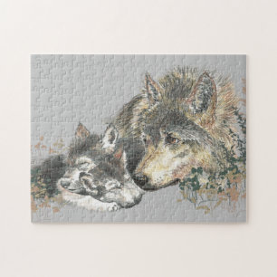 Quebra-cabeça Cinza de água Wolf Mãe ou Pai e Cub