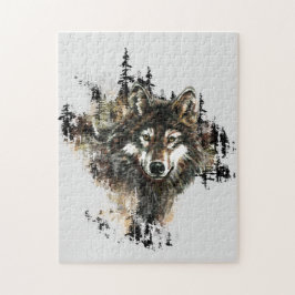 Quebra-cabeça Cinza de Watercolor Mountain Wolf Head Animal
