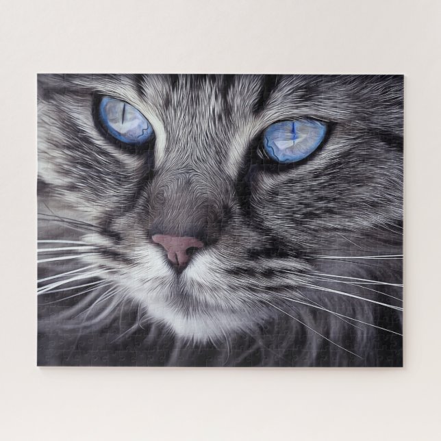 Quebra-cabeça Cinza Surreal Gato Azul Olhos Azuis Duro (Horizontal)