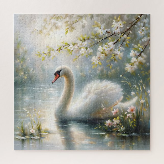 Quebra-cabeça Cisne no Lago Floral Pintura (Vertical)