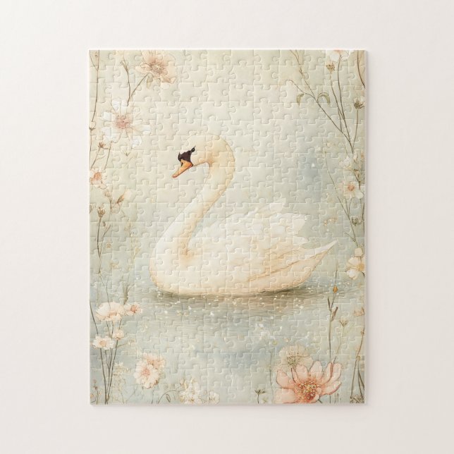 Quebra-cabeça Cisne Whimsical com Ilustração de Flores (Vertical)