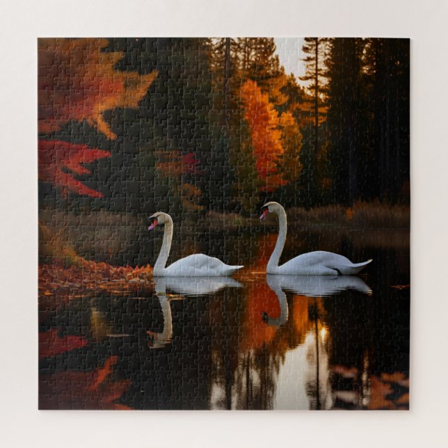 Quebra-cabeça Cisnes Brancas Graciosas Vidrindo Através Do Outon (Vertical)