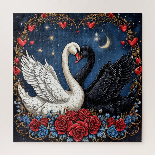 Quebra-cabeça Cisnes Brancos e Pretos com Corações e Rosas (Vertical)