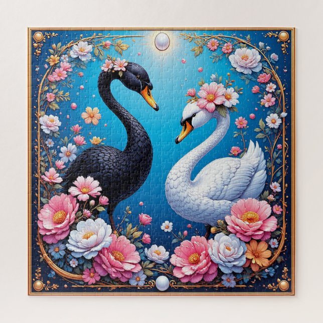Quebra-cabeça Cisnes de Casamento Enquadrados com Ouro e Flores (Vertical)