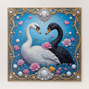 Quebra-cabeça Cisnes de Casamento Enquadrados com Ouro e Flores