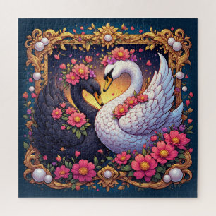 Quebra-cabeça Cisnes de Casamento Enquadrados com Ouro e Flores