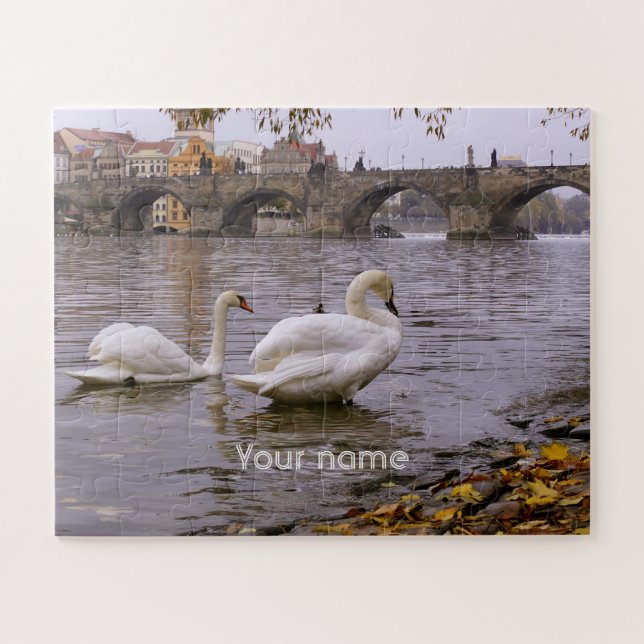Quebra-cabeça Cisnes e ponte Carlos em Praga (Horizontal)