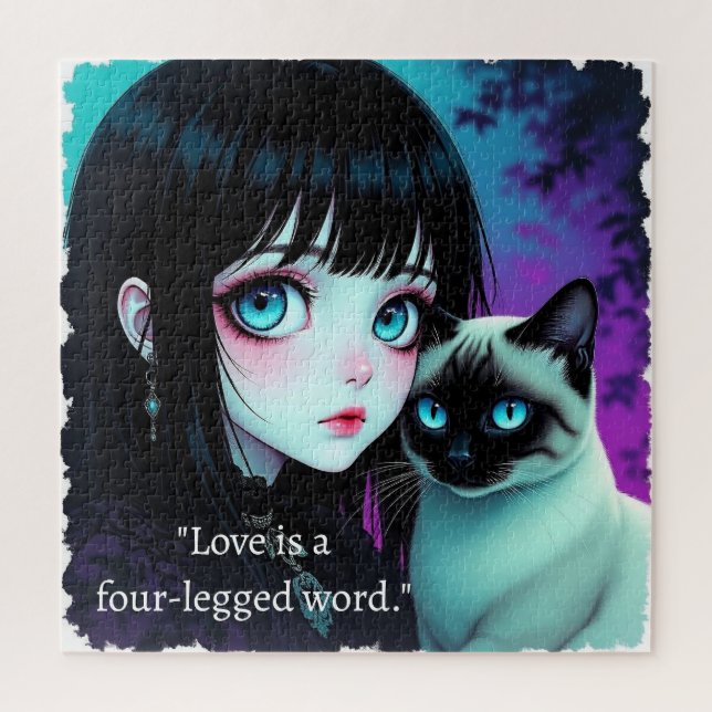 Quebra-cabeça Citação de Garota de Anime e Gato Siames (Vertical)