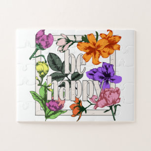 Quebra-cabeça Citação positiva Ser Feliz e flores de jardim