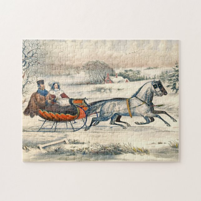 Quebra-cabeça Clássico Passeio de Trenó de 1853 Currier Ives Est (Horizontal)