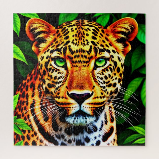 Quebra-cabeça Close-Up Jaguar Leopardo Rosto com Olhos Verdes (Vertical)