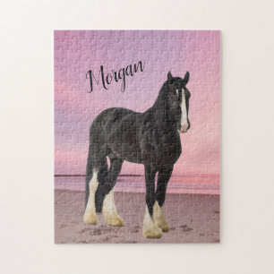 Quebra-cabeça Clydesdale preto e branco na praia no Sunset