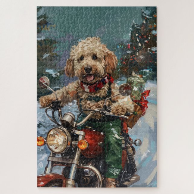 Quebra-cabeça Cockapoo Cão Andando de Motocicleta Natal (Vertical)