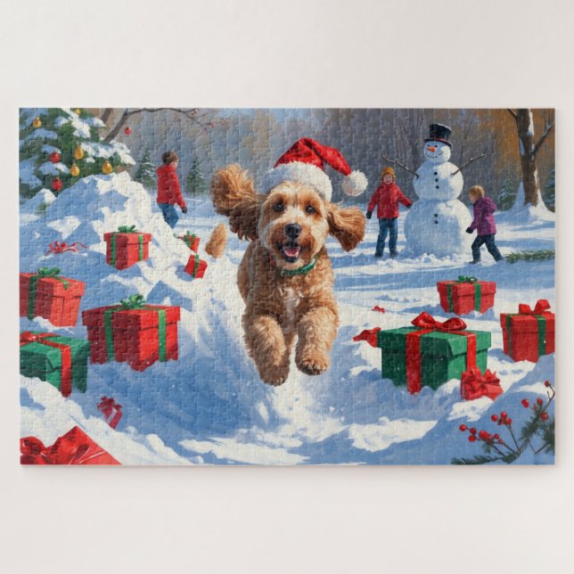 Quebra-cabeça Cockapoo Correndo na Neve com Chapéu de Natal (Horizontal)