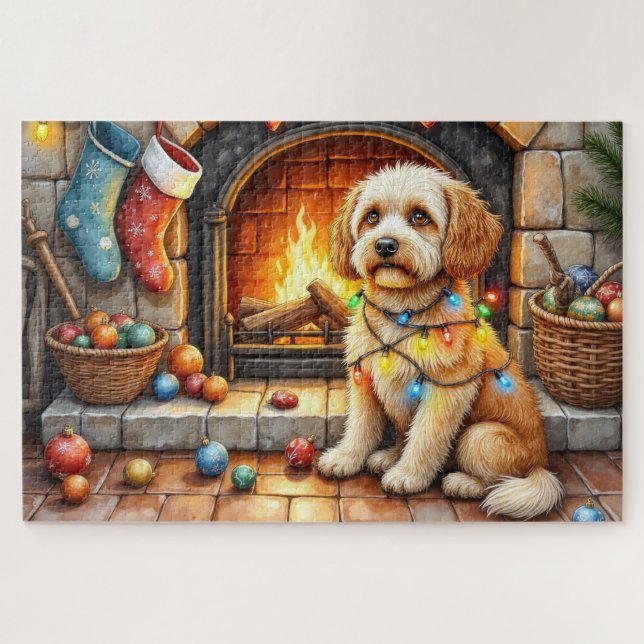 Quebra-cabeça Cockapoo Sitting by Fireplace with Christmas Light (Horizontal)