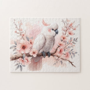 Quebra-cabeça Cockatoa de aquarela e flores rosa