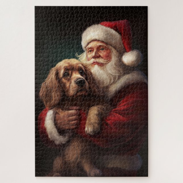 Quebra-cabeça Cocker Spaniel com Papai Noel Natal Festivo (Vertical)
