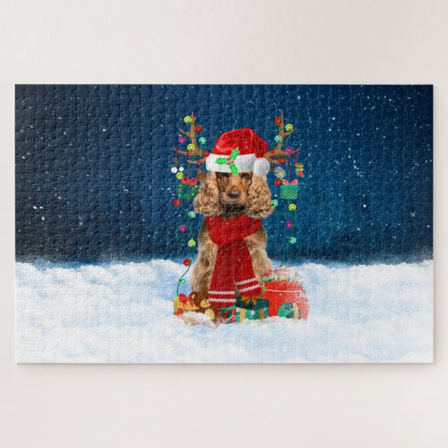 Quebra-cabeça Cocker Spaniel com presentes de Natal (Horizontal)