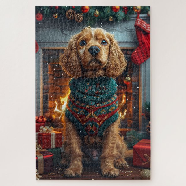 Quebra-cabeça Cocker Spaniel com Presentes de Natal na Lareira (Vertical)