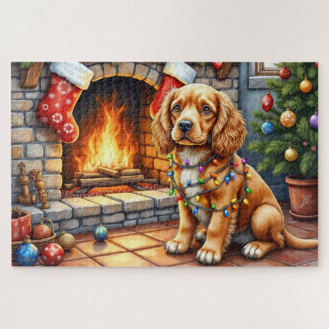 Quebra-cabeça Cocker Spaniel junto à Lareira com Luzes de Natal (Horizontal)