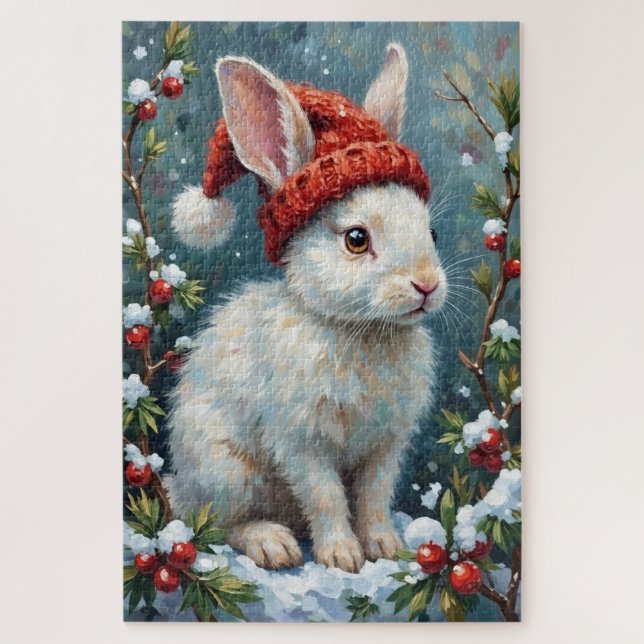 Quebra-cabeça Coelho Branco em Chapéu de Bagas de Inverno Silenc (Vertical)