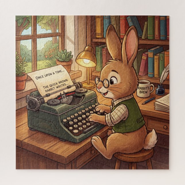 Quebra-cabeça Coelho de desenho animado digitando em uma máquina (Vertical)