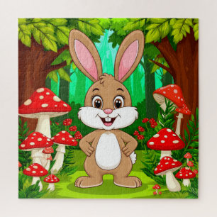 Quebra-cabeça Coelho de desenho animado fofo em pé em uma flores