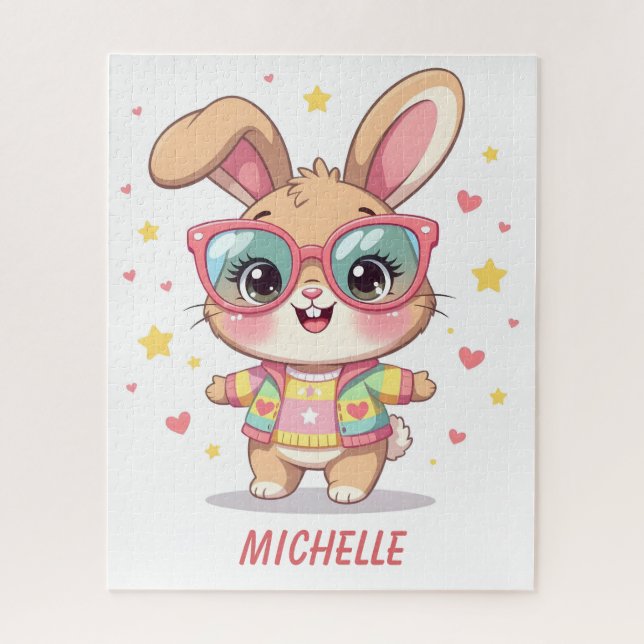 Quebra-cabeça Coelho fofo com monograma de menina usando óculos (Vertical)