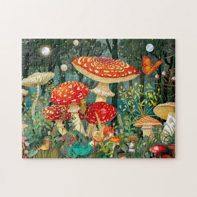 Quebra-cabeça Cogumelos Amanita Muscaria Sob a Luz da Lua Cheia (Horizontal)