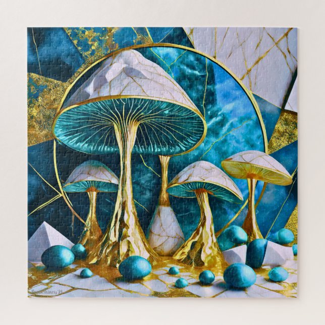 Quebra-cabeça Cogumelos em Azul Turquesa Mármore Dourado Branco  (Vertical)