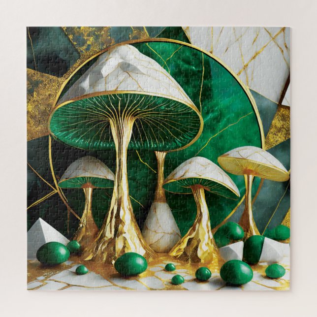 Quebra-cabeça Cogumelos em Surrealismo Geométrico Verde e Dourad (Vertical)