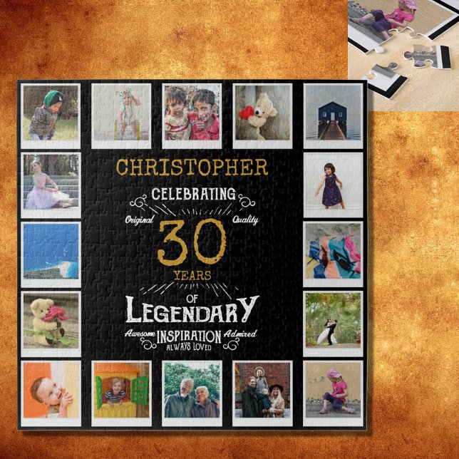 Quebra-cabeça Colagem de Fotografias Douradas a aniversário de 3 (A personalized elegant 30th birthday vintage puzzle that is easy to customize but hard to complete)
