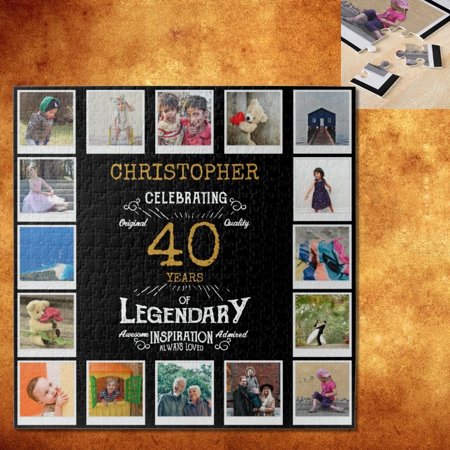 Quebra-cabeça Colagem de Fotografias Douradas a aniversário de 4 (A personalized elegant 40th birthday vintage puzzle that is easy to customize but hard to complete)