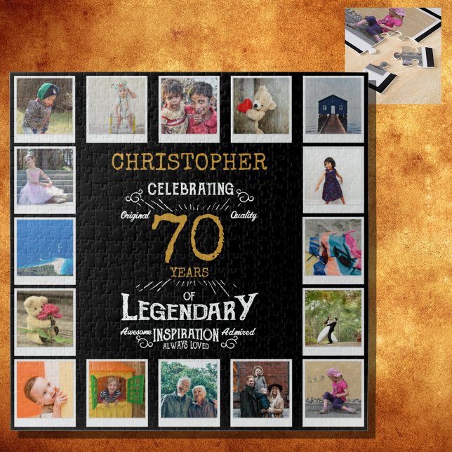 Quebra-cabeça Colagem de Fotos Dourada de Aniversário de 70 (A personalized elegant 70th birthday vintage puzzle that is easy to customize but hard to complete)