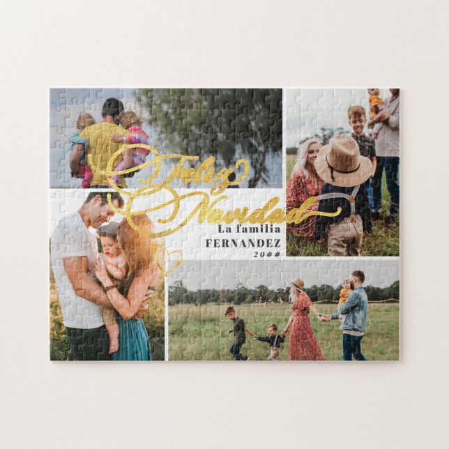 Quebra-cabeça Colagem de Fotos Feliz Navidad Dourada de Natal (Horizontal)