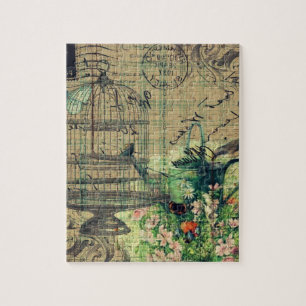 Quebra-cabeça Colagem w/Bird do vintage & jardim do Birdcage