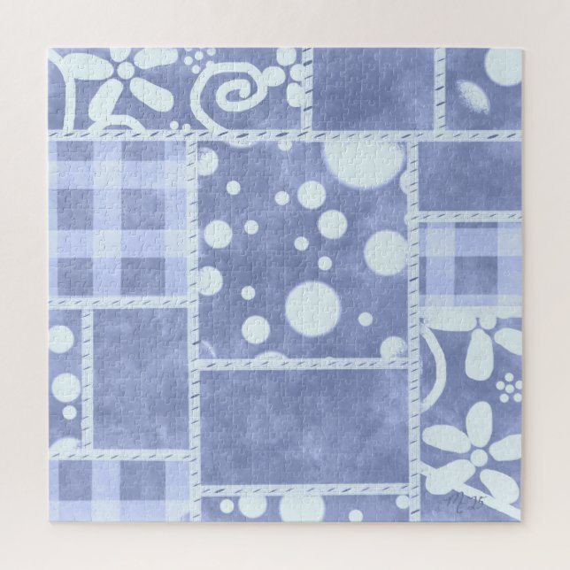 Quebra-cabeça Colcha Louca Padrão Floral Xadrez Azul (Vertical)