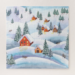 Quebra-cabeça Colinas de neve, casas: paisagem aquática