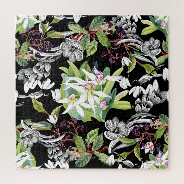 Quebra-cabeça Colírio e Orquídeas: Padrão Preto Desenhado (Vertical)