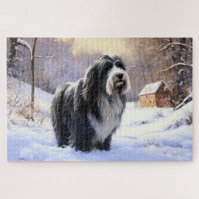 Quebra-cabeça Collie Barbudo Deixe Nevar Natal (Horizontal)