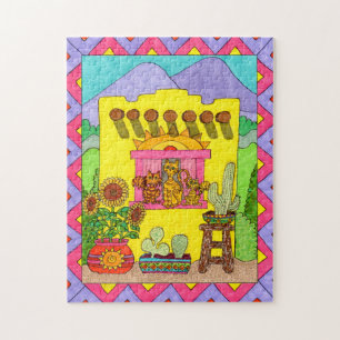 Quebra-cabeça Colorful Adobe House Cute Cats Mexican Folk Art