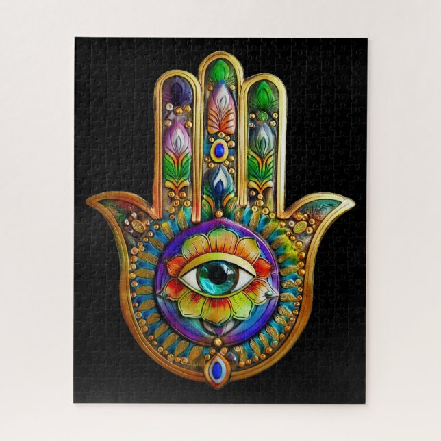 Quebra-cabeça Colorful Flower Petals Turquoise Third Eye Hamsa (Vertical)